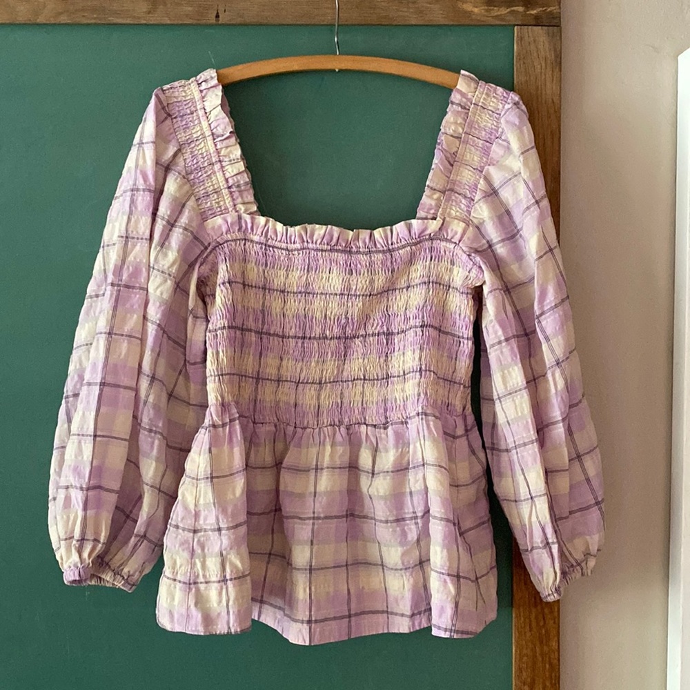 Ganni Smocked Seersucker Plaid Top